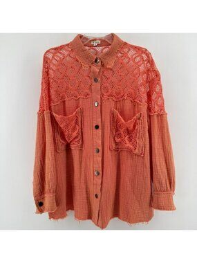 POL Coral Orange Gauze Crochet Lace Button Down Shirt Women Oversized Small Boho